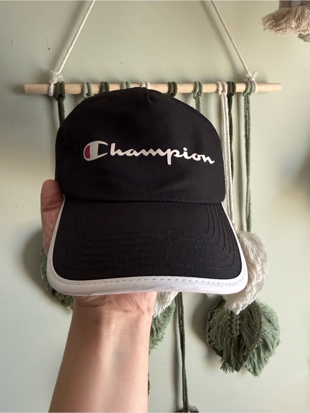 Champion Black Cap with White Piping and Script Logo